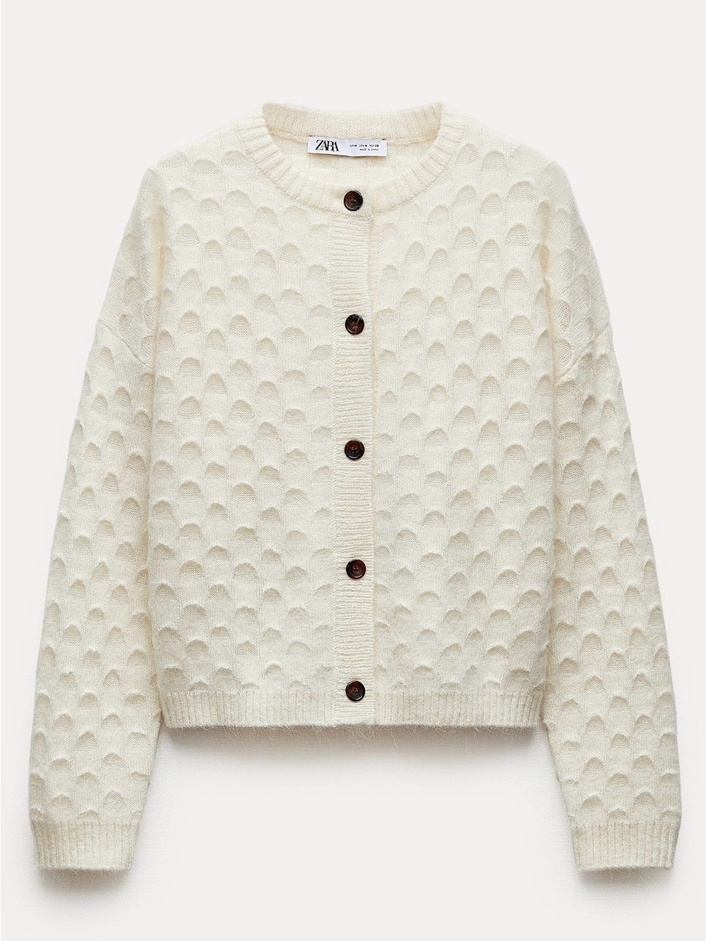 ZARA Wool Alpaca Blend Textured Cardigan Cream Size M Button Front Relaxed